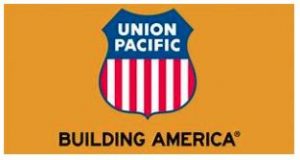 A union pacific flag with the words " building america " written underneath it.
