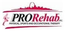 A red and white logo for prorehab.