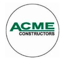 A white circle with the words acme constructors in it.